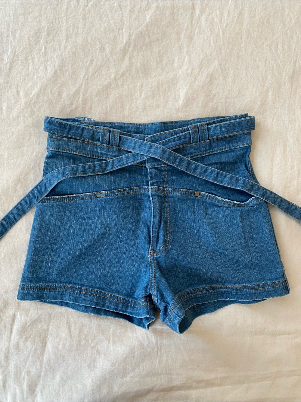 Jovovich-Hawk High-Rise Blue Denim Tie-Waist Star Seam Women's Shorts Size 6